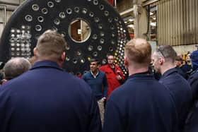 Prime Minister Rishi Sunak talks to  staff during a visit to Byworth Boilers at the Parkwood Boiler works in Keighley, West Yorkshire.