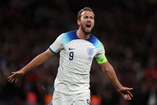 Harry Kane of England celebrates after scoring the team's third goal during the UEFA EURO 2024 European qualifier match between England and Italy (Picture: Richard Heathcote/Getty Images)