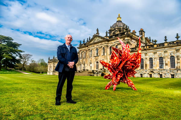 Sir Tony Cragg, acclaimed British-born sculptor, who is having a major exhibition at Castle Howard starting in May next to one of his works Industrial Nature (Aluminium 2024). Picture By Yorkshire Post Photographer,  James Hardisty.