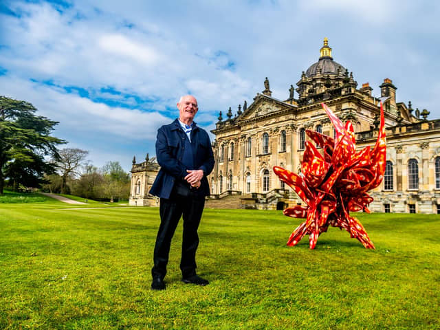 Sir Tony Cragg, acclaimed British-born sculptor, who is having a major exhibition at Castle Howard starting in May next to one of his works Industrial Nature (Aluminium 2024). Picture By Yorkshire Post Photographer,  James Hardisty.