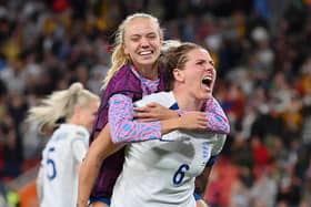 Climb on: Sheffield stars Millie Bright and Esme Morgan celebrate England's victory over Nigeria on penalties en route to the final (Picture: Justin Setterfield/Getty Images)