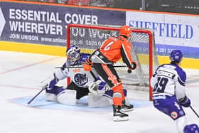 EARLY START: Patrick Watling (#14) tips in from Josh Nicholls to make it 1-0 to Sheffield Steelers against Glasgow Clan on Saturday night. Picture: Dean Woolley/Steelers Media