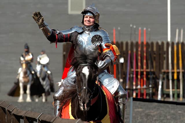 27th August 2007..  The Queen's Golden Trophy Jousting Tournament at the Royal Armouries.
Andy Deane waves to the crowd.