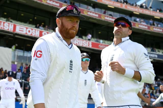 Jonny Bairstow and James Anderson of England. (Photo by Gareth Copley/Getty Images)
