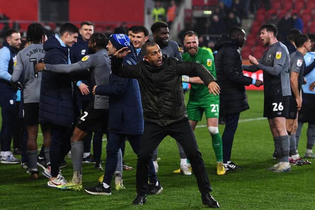 Cardiff manager Sabri Lamouchi celebrates Cardiff's win at Rotherham. Picture: Jonathan Gawthorpe