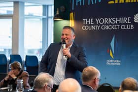 The court jester: Darren Gough addresses the Yorkshire members at the recent extraordinary general meeting at Headingley that rubber-stamped the return of chairman Colin Graves. Picture by Allan McKenzie/SWpix.com - 02/02/2024