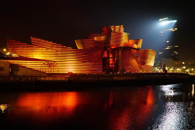 The Guggenheim Museum in Bilbao, lit up as part of a project by 59 Productions, in partnership with Blue-i.