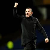 Barnsley manager Neill Collins celebrates after the final whistle in the Sky Bet League One match at Oxford United last month. Picture: David Davies/PA Wire.