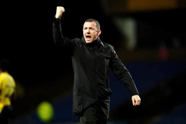 Barnsley manager Neill Collins celebrates after the final whistle in the Sky Bet League One match at Oxford United last month. Picture: David Davies/PA Wire.