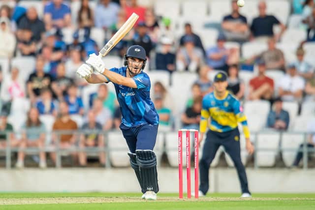 CLOSE-RUN THING: Yorkshire Vikings’s Jordan Thompson – who finished joint-top scorer for his team with 34 – hits out against the Birmingham Bears at Headingley, but the hosts came up four runs short. Picture by Allan McKenzie/SWpix.com