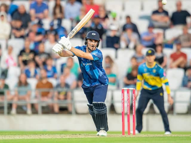 CLOSE-RUN THING: Yorkshire Vikings’s Jordan Thompson – who finished joint-top scorer for his team with 34 – hits out against the Birmingham Bears at Headingley, but the hosts came up four runs short. Picture by Allan McKenzie/SWpix.com