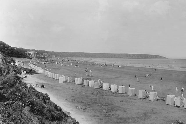 A beach scene at Filey in the early 20th century.