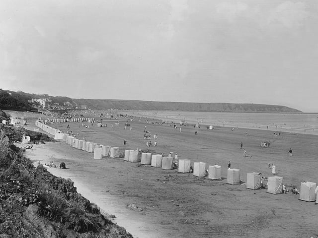 A beach scene at Filey in the early 20th century.