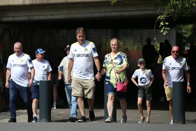 Leeds United fans arriving ahead of the Premier League match at Elland Road