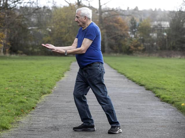 Lew Burja, 92, keeps fit and stays in shape by using natural remedies and Tai Chi, which he has been practicing since he turned fifty, pictured near his home in West Yorkshire.