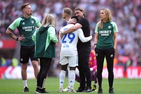 Leeds United's Wilfried Gnonto is embraced by manager Daniel Farke (right) after defeat in the Sky Bet Championship play-off final at Wembley Stadium. Photo: John Walton/PA Wire.