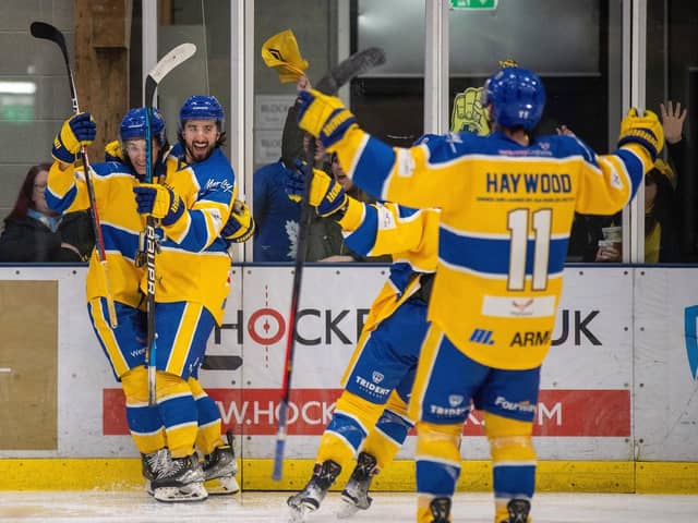 LET THE GOOD TIMES ROLL: Jake Witkowski (second left) will be reunited with line-mates Mac Howlett (left) and Matt Haywood when he joins up with Leeds Knights almost exactly a year to the day since he did the first time around, playing an integral role in the team's 2022-23 league and play-off double triumph. Picture: Bruce Rollinson