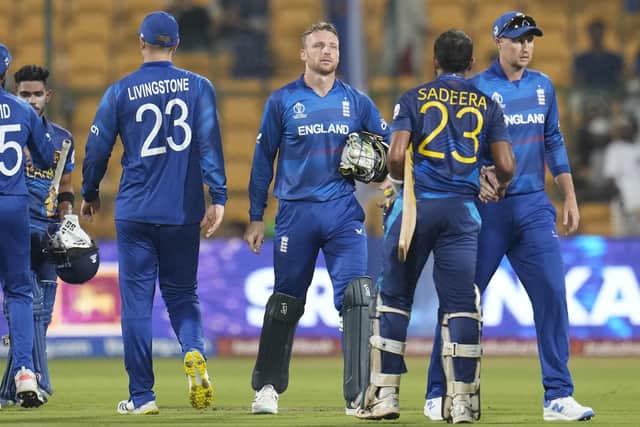 TOUGH NIGHT: England's captain Jos Butler reacts after losing to Sri Lanka by eight wickets during the ICC Men's Cricket World Cup match in Bengaluru Picture: AP/Aijaz Rahi