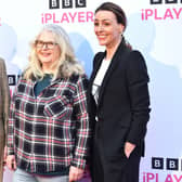 Gemma Whelan, Sally Wainwright and Suranne Jones walk the red carpet at The Piece Hall ahead of the "Gentleman Jack" Halifax Screening on March 29, 2022 in Halifax, England. (Photo by Anthony Devlin/Getty Images)