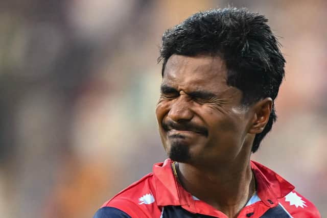 Anguish: It was so near and yet so far for Nepal captain Rohit Paudel and his team. Photo by Indranil MUKHERJEE / AFP via Getty Images
