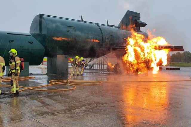 Fire crews taking on a Boeing 747 fire at Doncaster Sheffield Airport as part of a training exercise