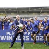 Carl Hall celebrates Doncaster's promotion success on home soil last year. (Photo: Allan McKenzie/SWpix.com)