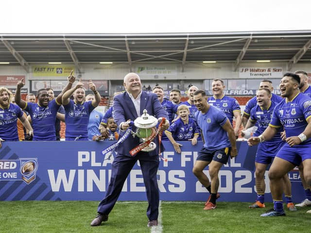 Carl Hall celebrates Doncaster's promotion success on home soil last year. (Photo: Allan McKenzie/SWpix.com)