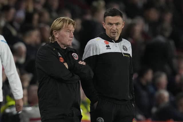 Sheffield, England, 4th October 2022.  Stuart McCall Sheffield Utd assistant coach and Paul Heckingbottom manager of Sheffield Utd during the Sky Bet Championship match at Bramall Lane, Sheffield. Picture credit should read: Andrew Yates / Sportimage