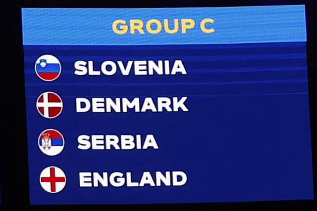 Group C with Slovenia, Denmark, Serbia and England is displayed on a screen after the final draw for the UEFA Euro 2024 European Championship (Picture: ODD ANDERSEN/AFP via Getty Images)