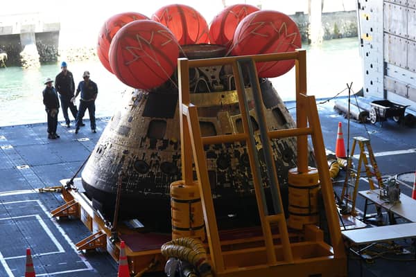 NASA's Artemis II capsule is seen aboard the USS John P. Murtha at Naval Base San Diego. PIC: AP Photo/Gregory Bull