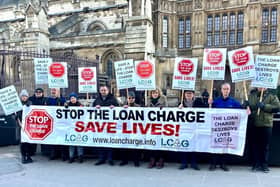 People affected by the loan charge protested outside Parliament before the debate in the House of Commons. DUP MP Sammy Wilson said there are “frightening parallels” between the loan charge and the Horizon IT scandal,  (Photo Loan Charge Action Group)