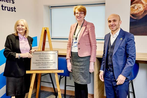 Morrisons' Greenside factory, has officially opened a new innovation centre as part of a huge investment at the manufacturing site in Bradford. It was opened with the unveiling of a plaque by the leader of Bradford Council, Coun Susan Hinchcliffe (centre) and West Yorkshire Mayor, Tracy Brabin (left). Also pictured is Rami Baitiéh,  CEO of Morrisons. (Photo by Victor De Jesus / UNP)