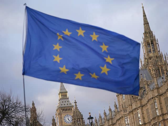 A European Union flag flies in front of the Houses of Parliament in Westminster. PIC: PA