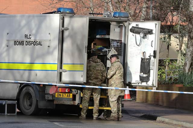 A bomb disposal unit at St James's Hospital, Leeds, where patients and staff were evacuated from some parts of the building following the discovery of a suspicious package outside the Gledhow Wing, which houses the majority of its maternity services including the delivery suite. Photo credit: Ben Lack/PA Wire