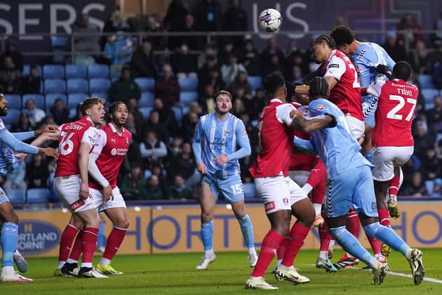 Coventry City's Joel Latibeaudiere heads home their second goal against bottom club Rotherham United (Picture: Bradley Collyer/PA)