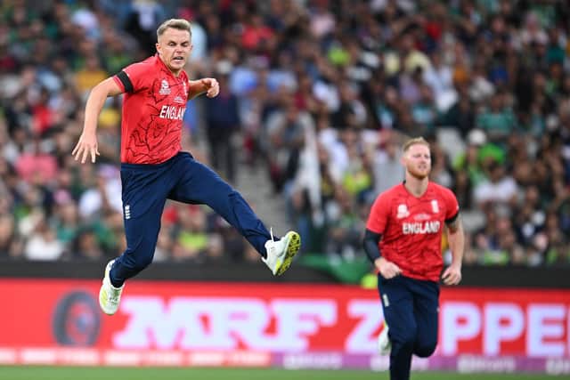 MAGIC MAN: England's Sam Curran celebrates taking the wicket of Pakistan's Mohammad Rizwan during the T20 World Cup Final match at the MCG in Melbourne on Sunday, a match they won by five wickets. Picture: PA