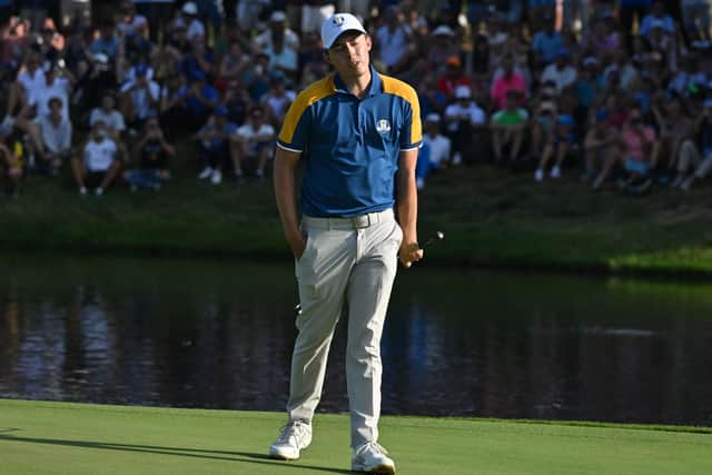 Matt Fitzpatrick reacts after missing a putt on the 18th green during his singles match against US golfer, Max Homa on the final day of play in the 44th Ryder Cup. His record is now won one, lost seven in the Ryder Cup (Picture: ANDREAS SOLARO/AFP via Getty Images)