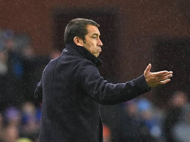 GLASGOW, SCOTLAND - NOVEMBER 09: Giovanni van Bronckhorst, manager of Rangers gestures on the side line during the Cinch Scottish Premiership match between Rangers FC and Heart of Midlothian at  on November 09, 2022 in Glasgow, Scotland. (Photo by Mark Runnacles/Getty Images)