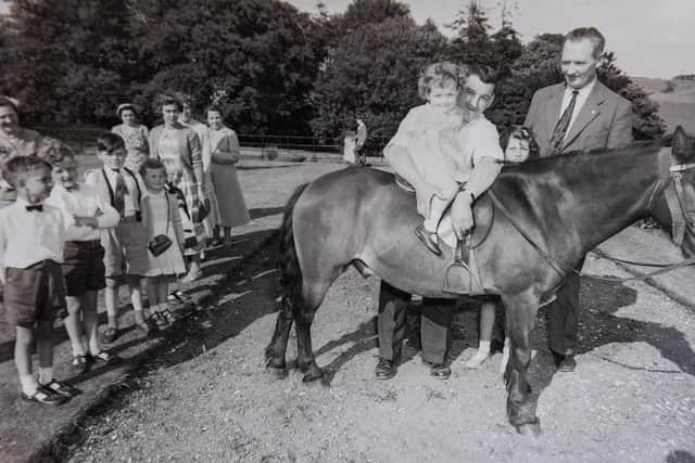 Christine riding a pony in 1958 at a garden party in Kilnwick Percy, near Pocklington