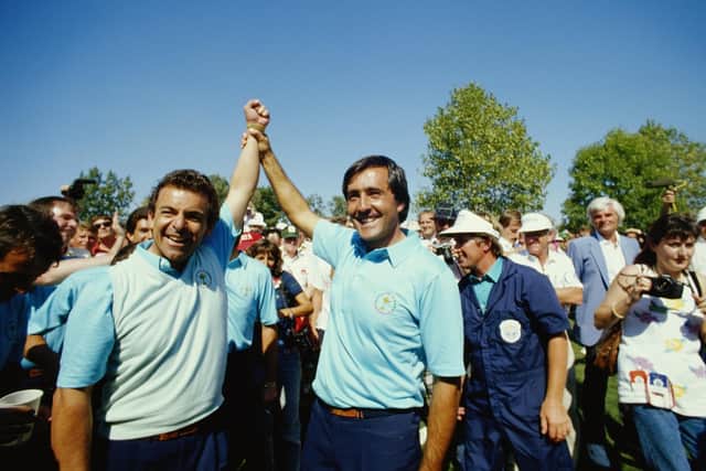 Golfers Tony Jacklin (left) and Severiano Ballesteros (right) celebrate the victory of the European team in the Ryder Cup matches at Muirfield Village, Ohio, 27th September 1987.  (Picture: Simon Bruty/Getty Images)