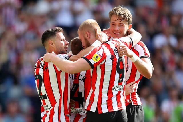 Sheffield United players celebrate during their victory over Blackburn Rovers on Saturday. Picture: George Wood/Getty Images.