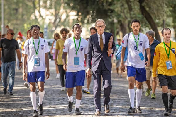 Sheyi Cole as Jason, Micheal Ward as Vinny, Bill Nighy as Mal, Kit Young as Cal and Tom Vaughan-Lawlor as Kevin in The Beautiful Game. Picture: Netflix/Alfredo Flavo.