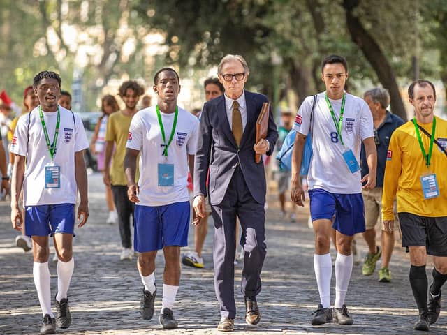 Sheyi Cole as Jason, Micheal Ward as Vinny, Bill Nighy as Mal, Kit Young as Cal and Tom Vaughan-Lawlor as Kevin in The Beautiful Game. Picture: Netflix/Alfredo Flavo.