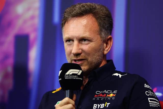 SINGAPORE, SINGAPORE - OCTOBER 01: Red Bull Racing Team Principal Christian Horner talks in the team principal's press conference before final practice ahead of the F1 Grand Prix of Singapore at Marina Bay Street Circuit on October 01, 2022 in Singapore, Singapore. (Photo by Clive Rose/Getty Images,)