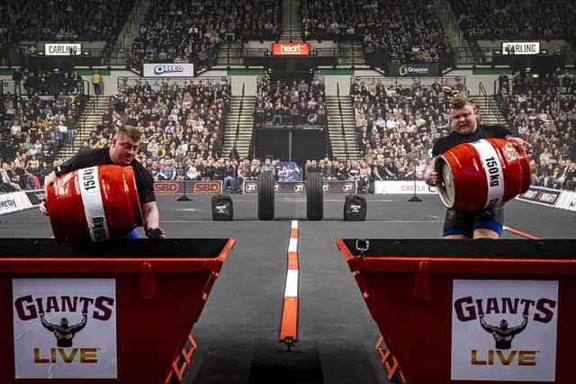 Luke Richardson and Tom Stoltman at Britain's Strongest Man Giants Live 2020. (Pic credit: Marisa Cashill)