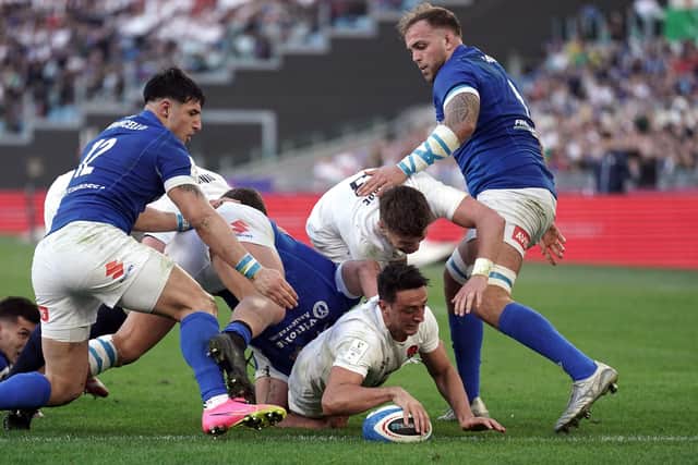 KEY MOMENT: England's Alex Mitchell scores his side's second try against Italy at the Stadio Olimpico in Rome. Picture: Adam Davy/PA