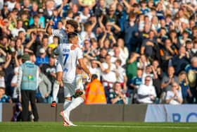 Joel Piroe celebrates scoring Leeds United's second goal against Bristol City with Ethan Ampadu. Picture: Bruce Rollinson.