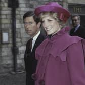 Prince Charles and the Princess of Wales (1961 - 1997, later Diana, Princess of Wales) at Westminster Abbey, London, for a centenary service for the Royal College Of Music, 28th February 1982. (Photo by Fox Photos/Hulton Archive/Getty Images)