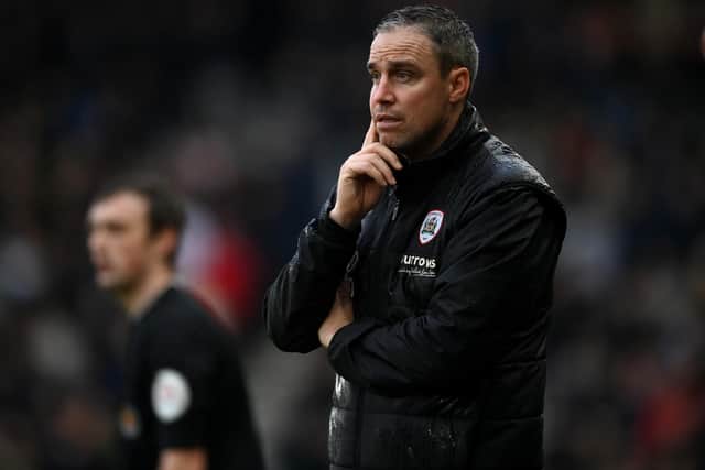 DERBY, ENGLAND - JANUARY 08: Barnsley manager Michael Duff during the Emirates FA Cup Third Round match between Derby County and Barnsley at Pride Park on January 08, 2023 in Derby, England. (Photo by Gareth Copley/Getty Images)