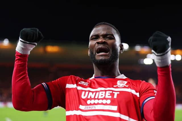 MIDDLESBROUGH, ENGLAND - DECEMBER 13: Emmanuel Latte Lath of Middlesbrough celebrates after scoring their team's first goal during the Sky Bet Championship match between Middlesbrough and Hull City at Riverside Stadium on December 13, 2023 in Middlesbrough, England. (Photo by George Wood/Getty Images)